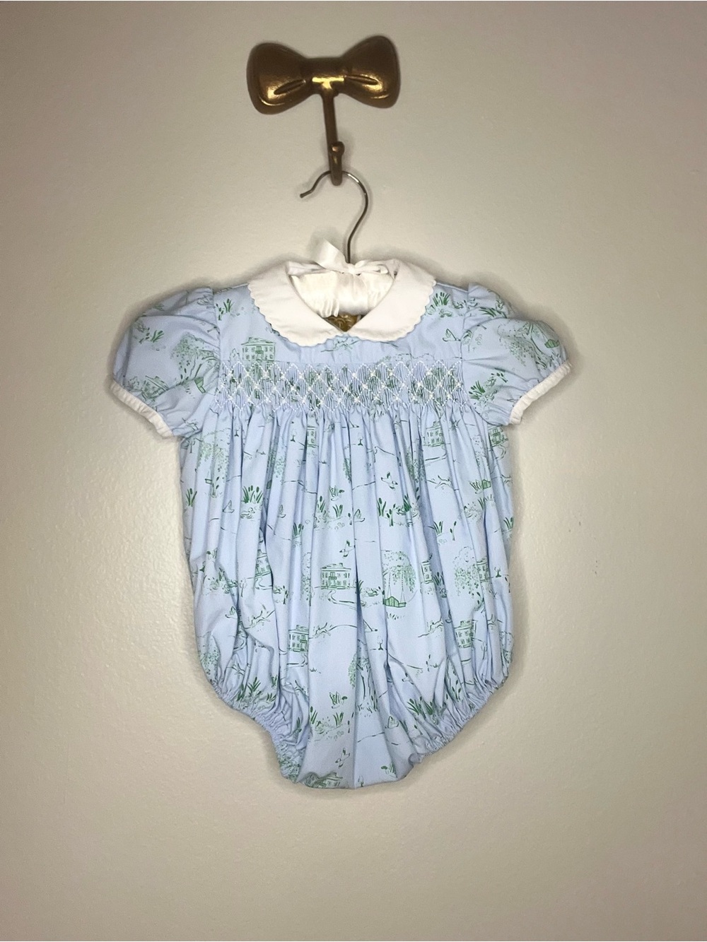Light Blue Smocked Baby Bubble Romper with White Peter Pan Collar